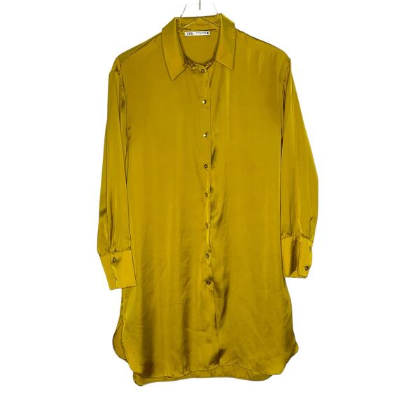 Zara Dresses & Skirts - Zara M Womens Button Front Satin Shirt Dress Tunic Mustard Yellow Oversized